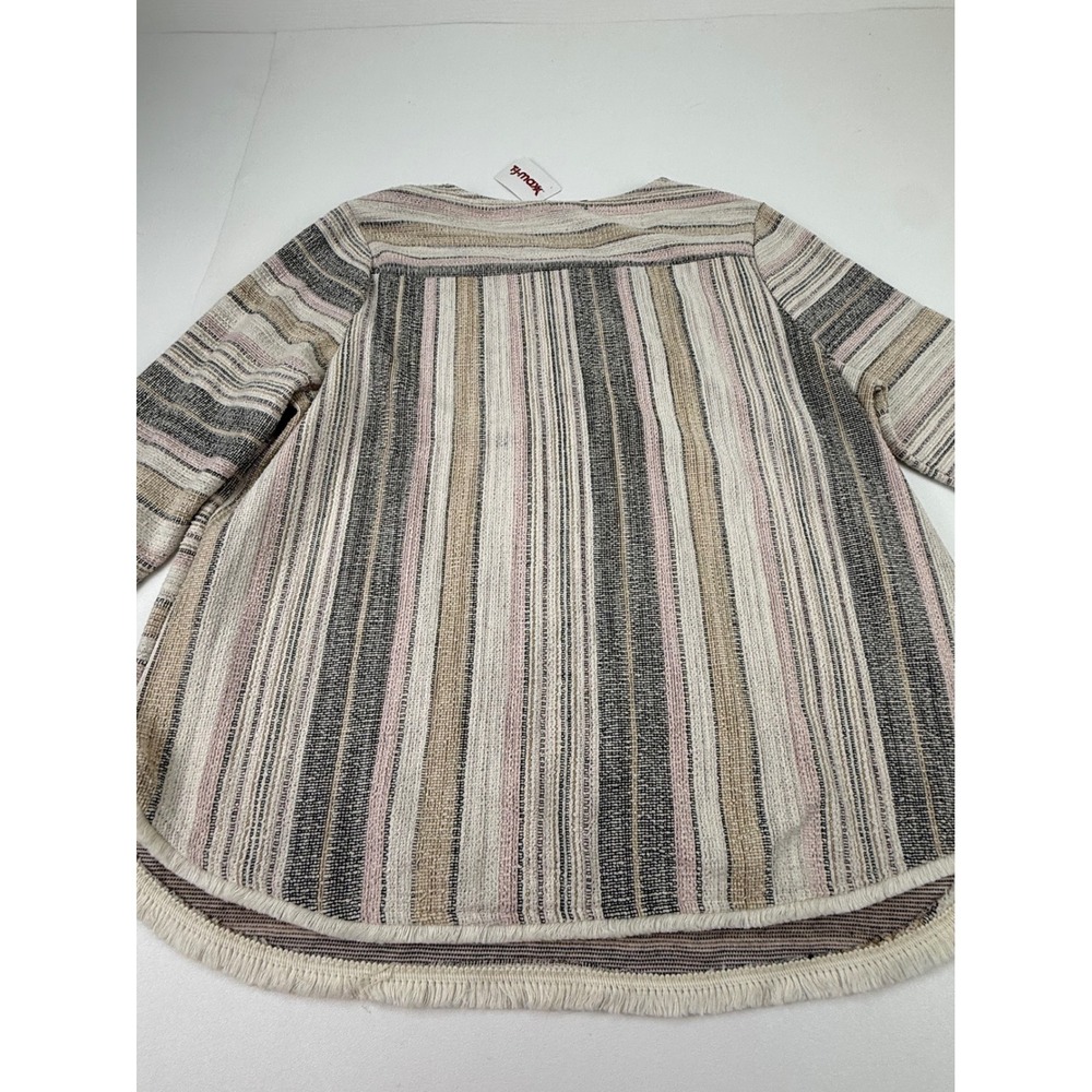W5 Womens 1X Multi-Color Striped 3/4 Sleeve Fringe Hem Woven Top Beige Grey Pink